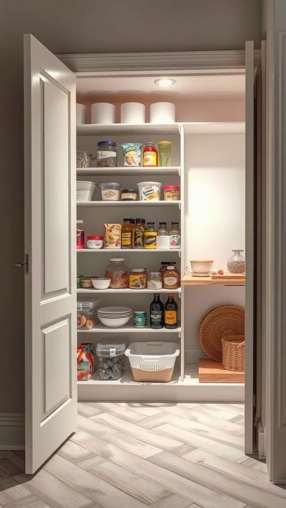 A hidden pantry with neatly organized shelves filled with jars, baskets, and kitchen supplies behind cabinet doors.