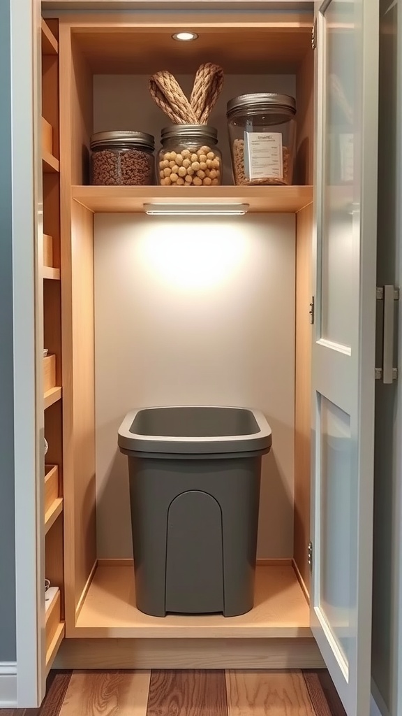 A stylish pantry cabinet featuring a hidden trash can and clear storage jars.