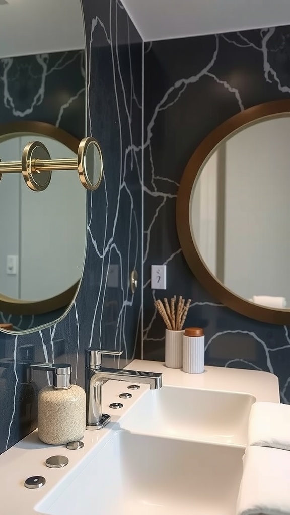 A luxurious bathroom featuring dark veined walls, round mirrors with gold frames, modern sinks, and elegant fixtures.