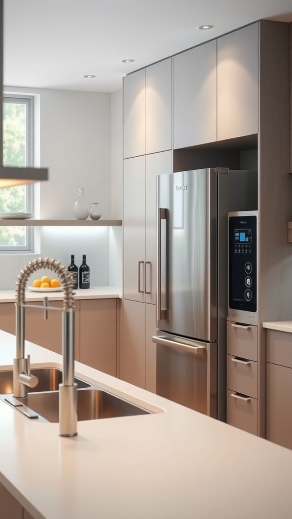 Modern kitchen with stainless steel refrigerator and sleek sink