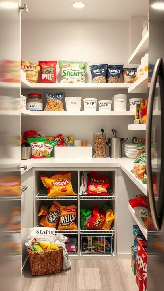 A well-organized pantry with various snack foods neatly arranged on shelves.