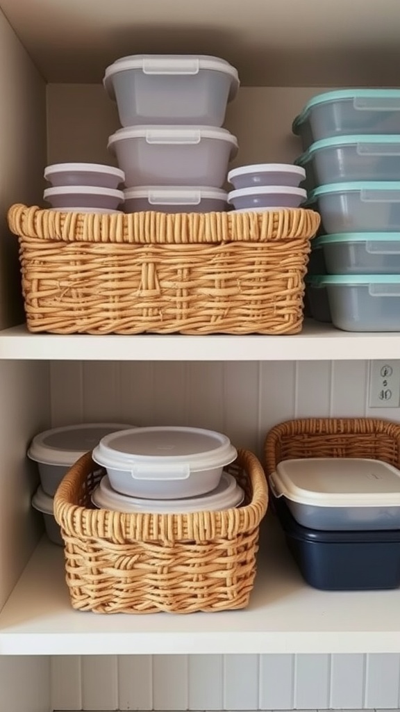 Organized Tupperware in wicker baskets on a shelf