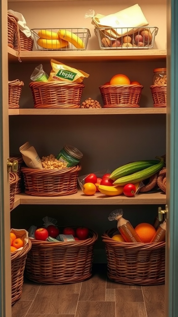 A well-organized pantry with various baskets holding fruits and snacks.