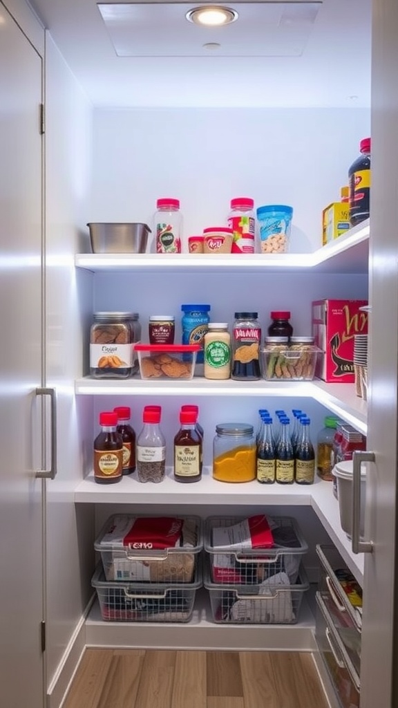 Brightly lit pantry with organized shelves showcasing various food items and containers.