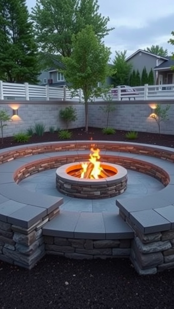 Circular seating wall surrounding a fire pit with flames, trees, and a cozy outdoor setting.