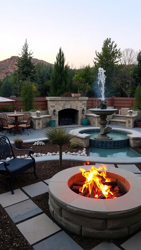 A serene backyard with a fire pit, fountain, and pool surrounded by plants and stones.