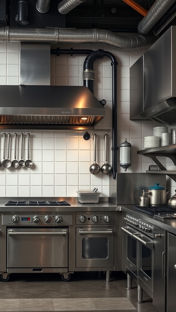 A modern industrial kitchen with stainless steel appliances, exposed pipes, and open shelving.