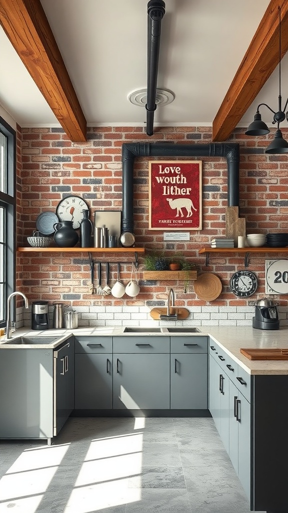 A modern kitchen featuring industrial elements like exposed brick, wooden beams, gray cabinets, and metal pipes.
