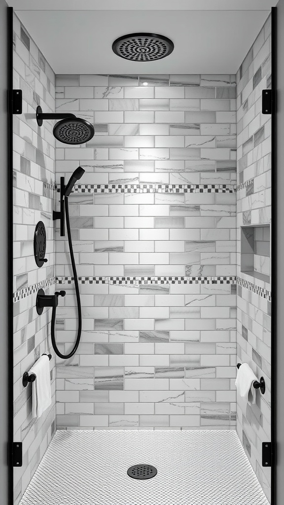 Modern shower nook design with marble tiles and black fixtures