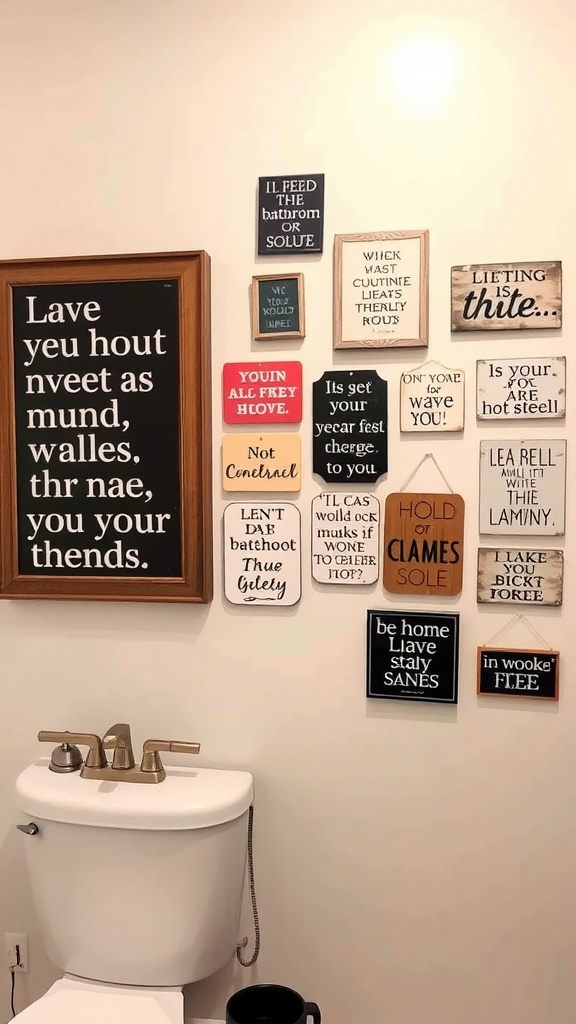 A bathroom wall adorned with a variety of funny and quirky signs with playful quotes.