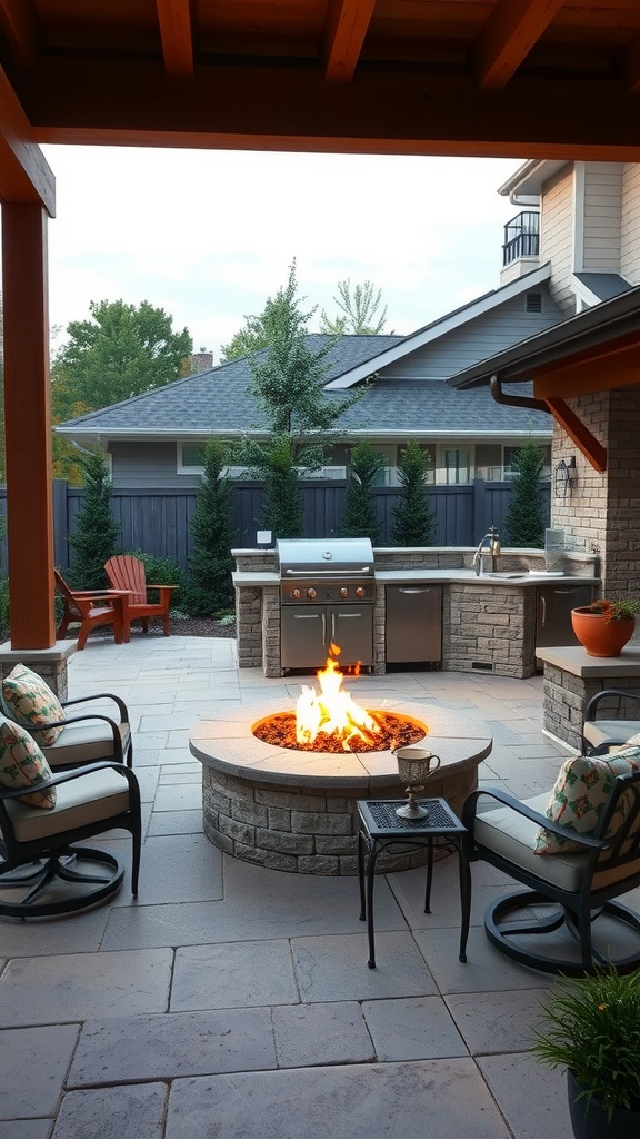 An outdoor patio featuring a fire pit at the center, surrounded by chairs and a grill in the background.