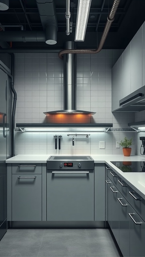 A modern industrial kitchen showcasing integrated technology with a sleek design, featuring a digital stovetop and overhead hood.