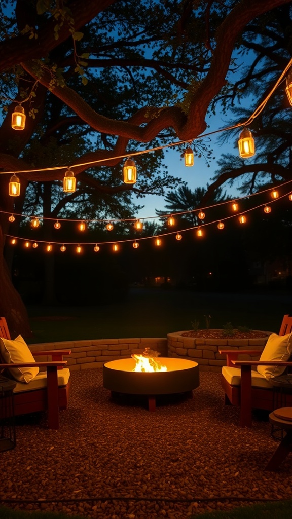 A warm and inviting fire pit area with string lights hanging above, surrounded by comfortable chairs.