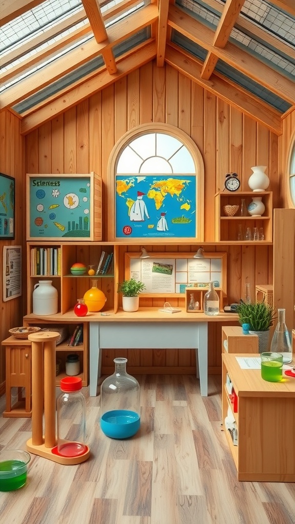 Interior of a science-themed playhouse with wooden walls, colorful decorations, and science tools.