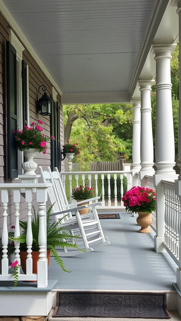 A front porch with intricate spindle railings, rocking chairs, and colorful flower pots.