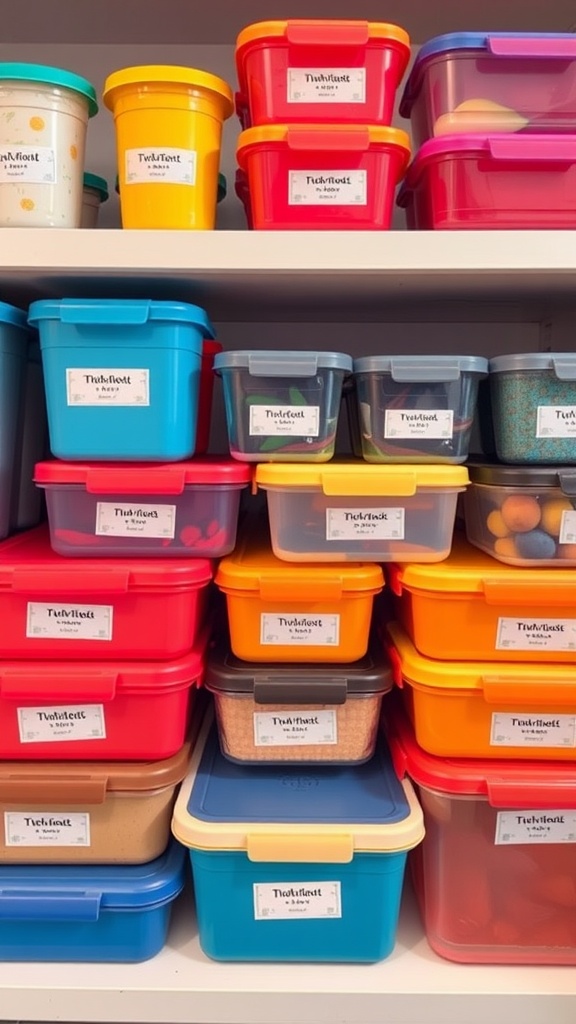 Colorful Tupperware containers neatly organized on a shelf with labels