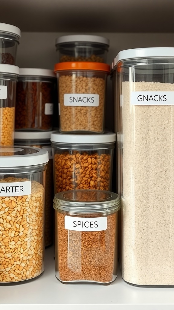 Organized pantry with labeled containers for snacks, spices, and grains
