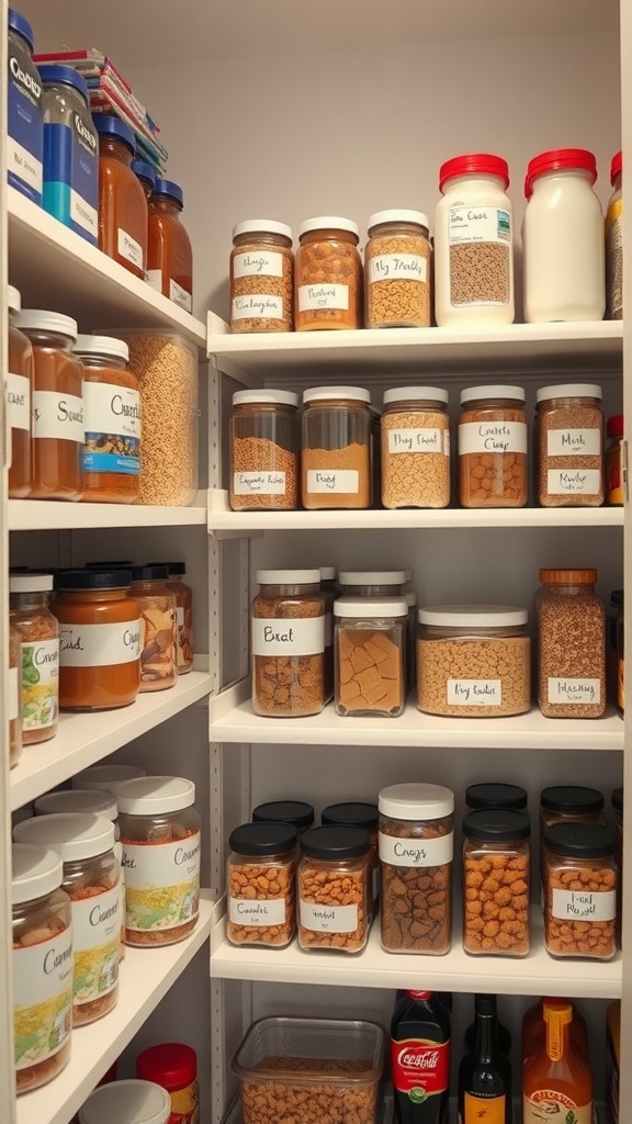 Organized pantry with labeled jars for easy identification of ingredients