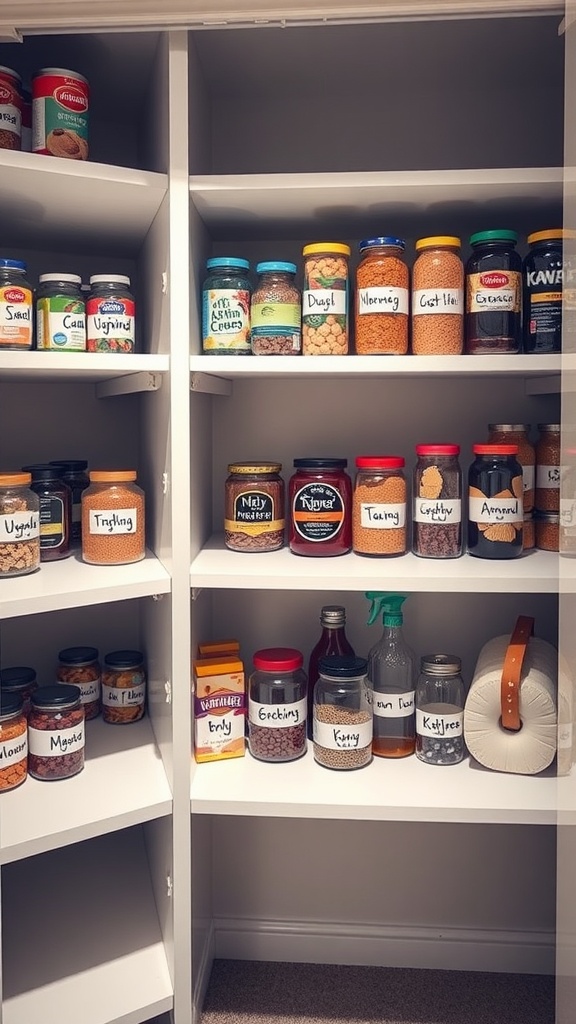 Neatly organized pantry shelves with labeled jars and containers.