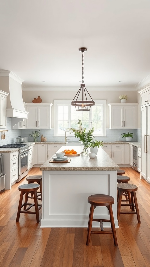 A spacious farmhouse kitchen featuring a large island with seating, warm wooden floors, and natural light.