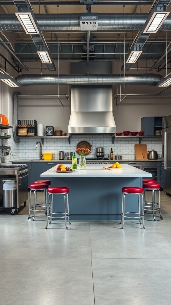 A modern industrial kitchen featuring a large kitchen island with red stools, gray cabinetry, and stainless steel appliances.