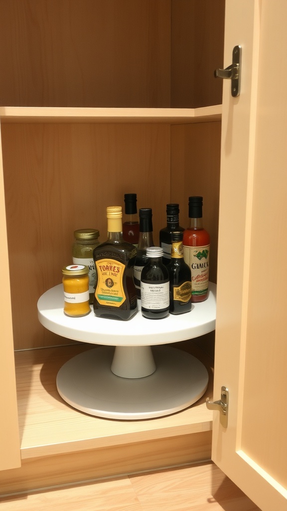 A Lazy Susan in a corner cabinet with various bottles and jars neatly organized on it.