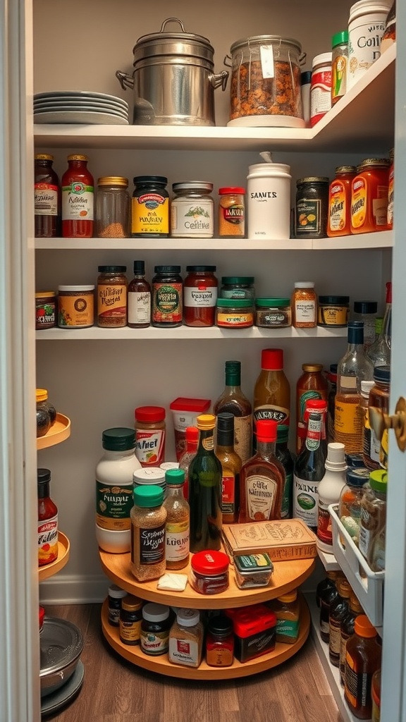 An organized pantry with Lazy Susans holding various jars and spices, showcasing efficient corner utilization.