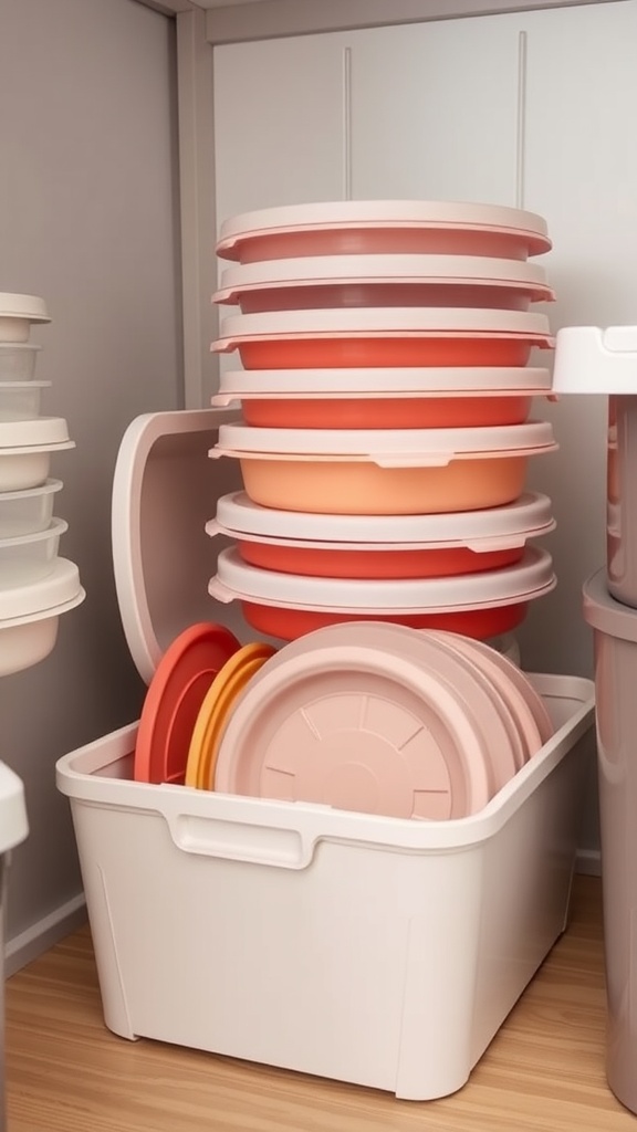 Organized Tupperware lids in a storage bin