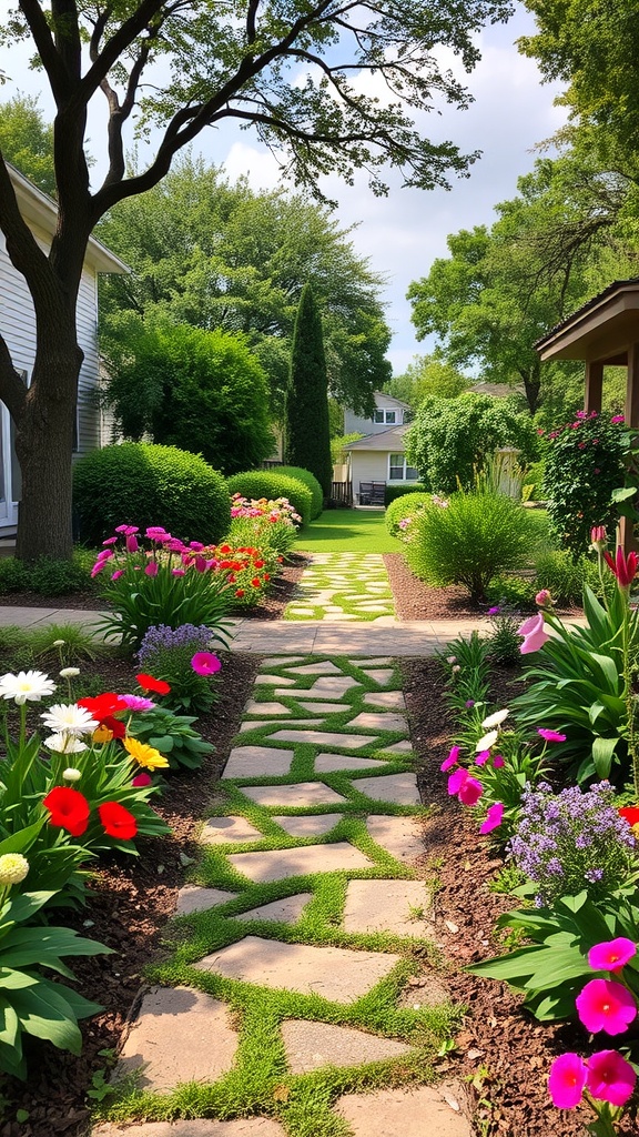 A scenic garden pathway made of stones, bordered by colorful flowers and lush greenery.