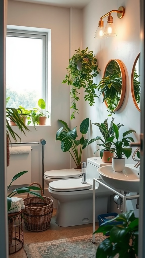 A bright bathroom filled with various plants, featuring mirrors and natural light.