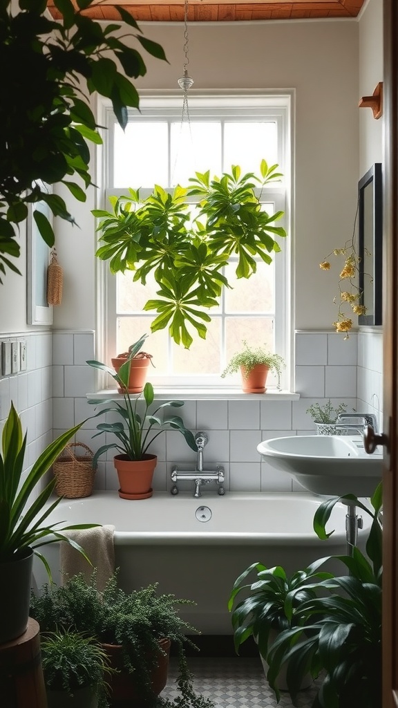 A cozy bathroom featuring various lush indoor plants, with a hanging plant over the bathtub and potted plants on the windowsill.