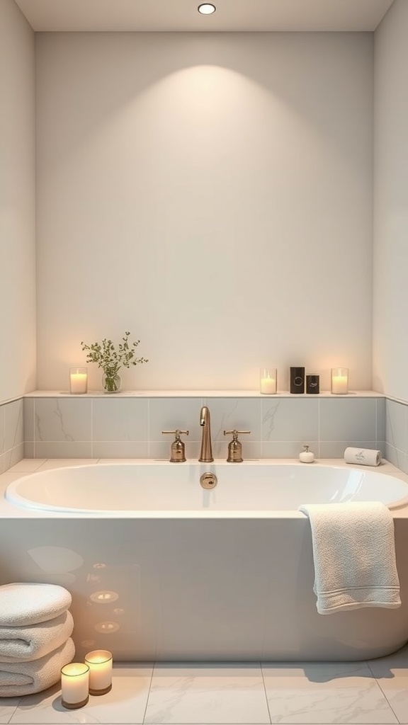 A luxurious bathroom with a large bathtub, glowing candles, and plush towels.