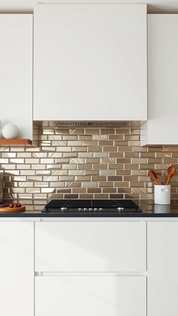A modern kitchen with a metallic gold backsplash, white cabinets, and dark countertop.