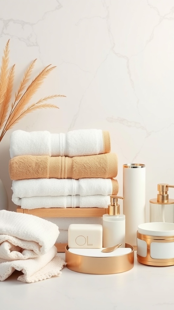 Luxurious bathroom accessories including plush towels, elegant toiletries, and decorative elements.
