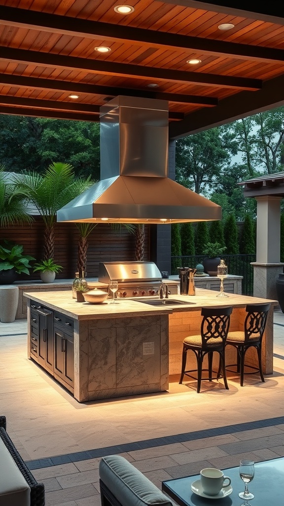 A luxurious outdoor cooking island with a modern grill, stone countertop, and stylish seating under a wooden ceiling.