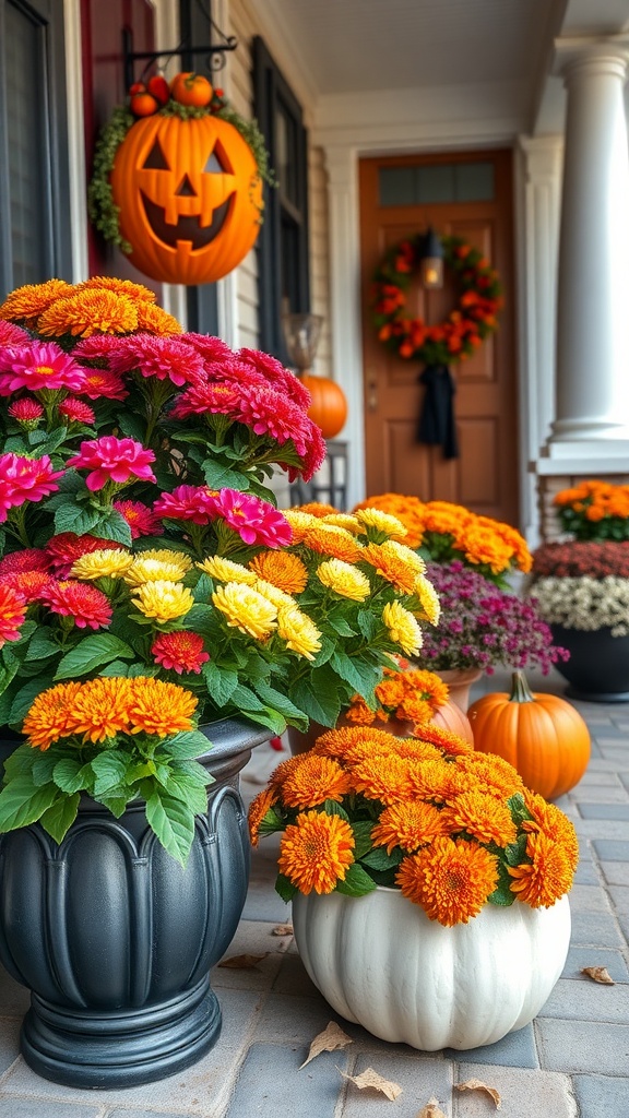 A Halloween-themed porch decorated with colorful flowers in festive planters, pumpkins, and a jack-o'-lantern.