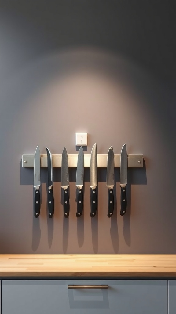Magnetic knife strip holding several knives on a wall above a wooden countertop
