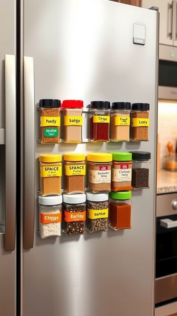 Magnetic spice containers organized on a refrigerator with colorful lids and labels.