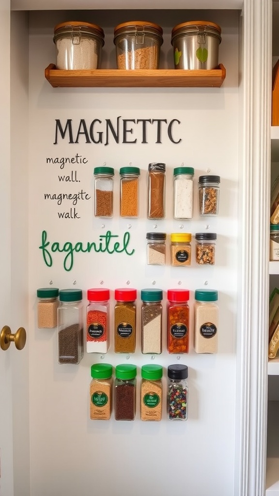 Magnetic spice jars arranged on a wall in a pantry.