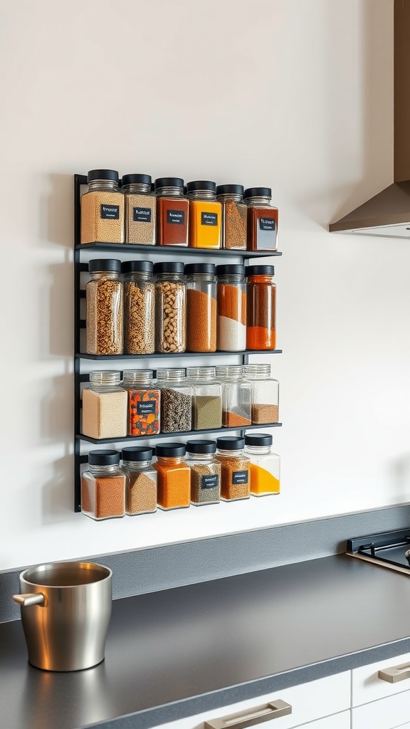 A magnetic spice rack mounted on a wall with various jars of spices neatly arranged.