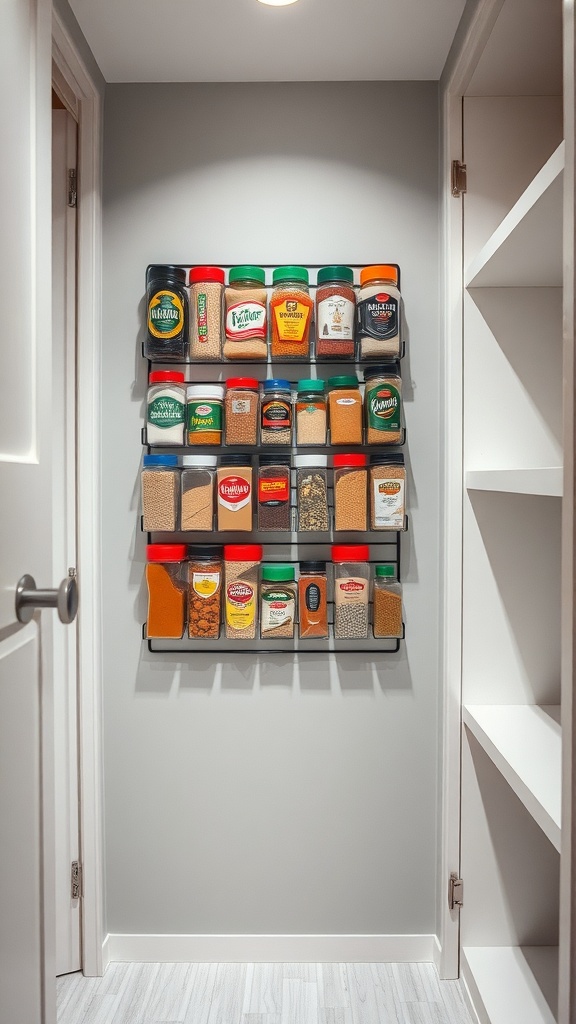 A wall-mounted magnetic spice rack displaying various jars of spices.