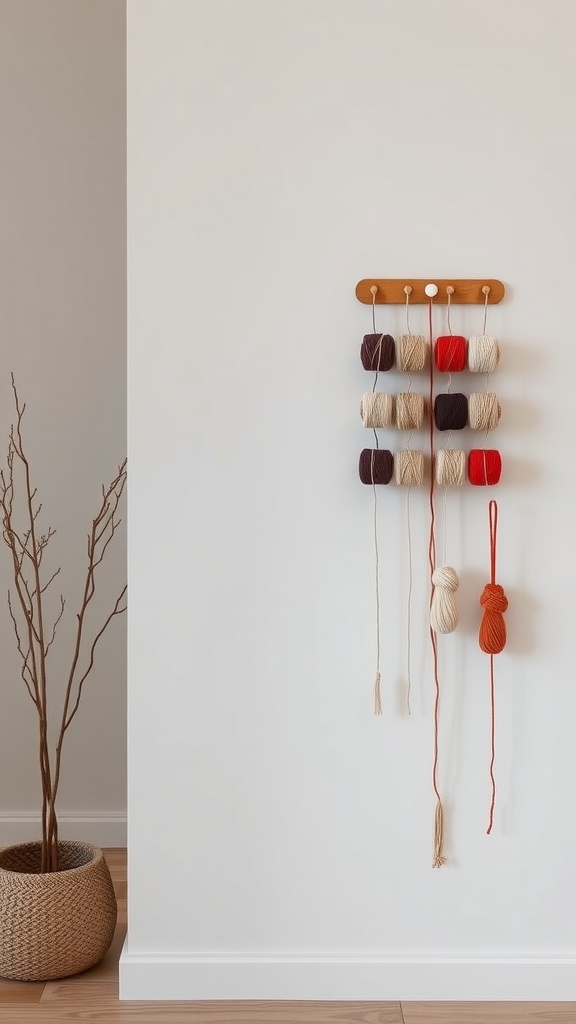 A minimalist magnetized yarn holder mounted on a wall with various colored yarn spools displayed.