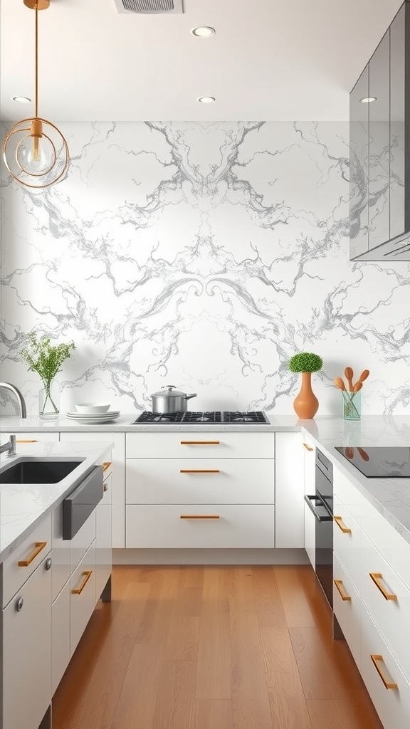 A modern kitchen featuring a marble slab backsplash with white cabinets, wooden flooring, and gold accents.