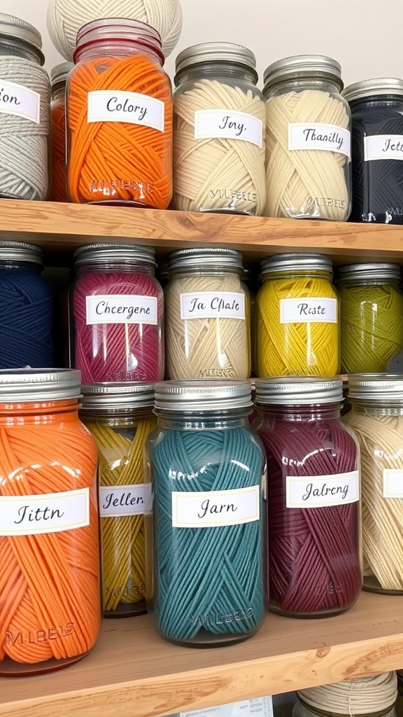 Colorful yarn in mason jars with labels on a wooden shelf.