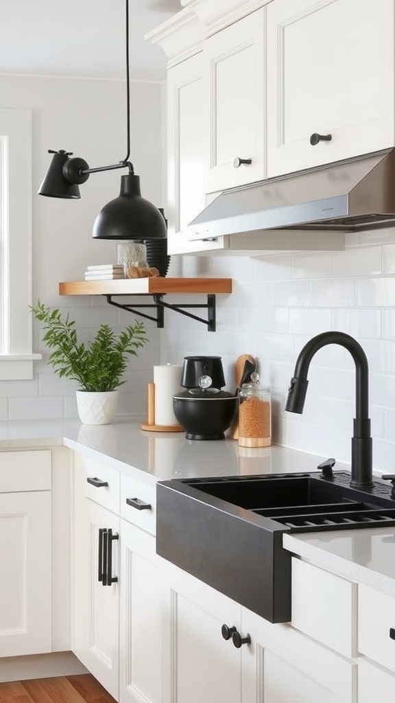 A modern farmhouse kitchen featuring matte black fixtures, including a faucet and pendant light, contrasting with white cabinetry.