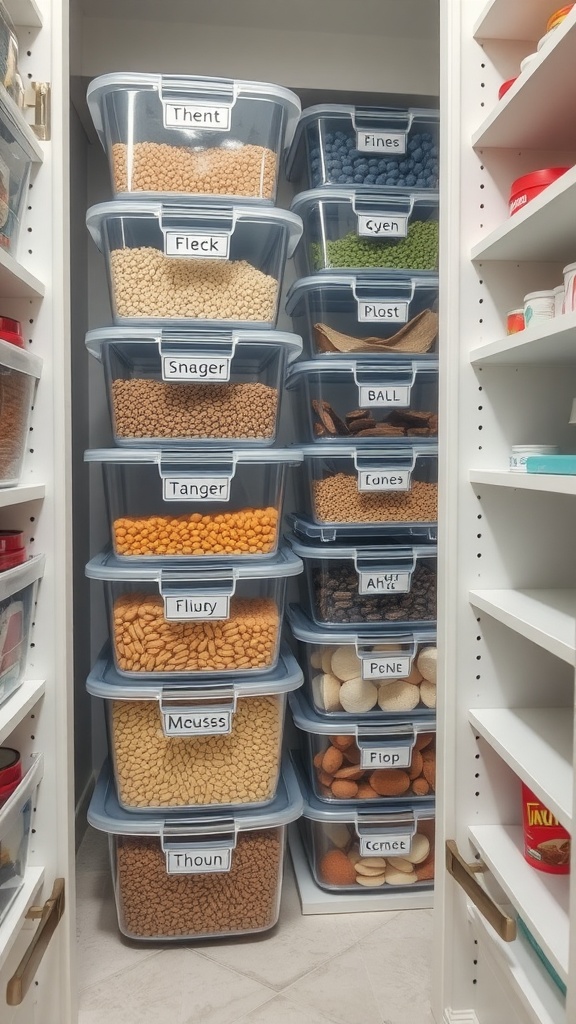 A well-organized pantry with stacked clear bins labeled for easy access