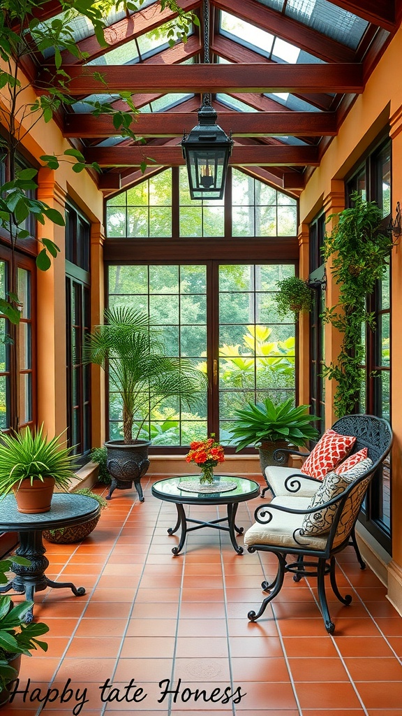 A bright Mediterranean-style sunroom with wooden beams, potted plants, and comfortable seating.