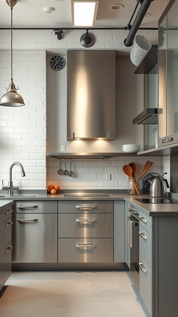 Modern industrial kitchen with metallic accents, featuring stainless steel finishes and white brick wall.