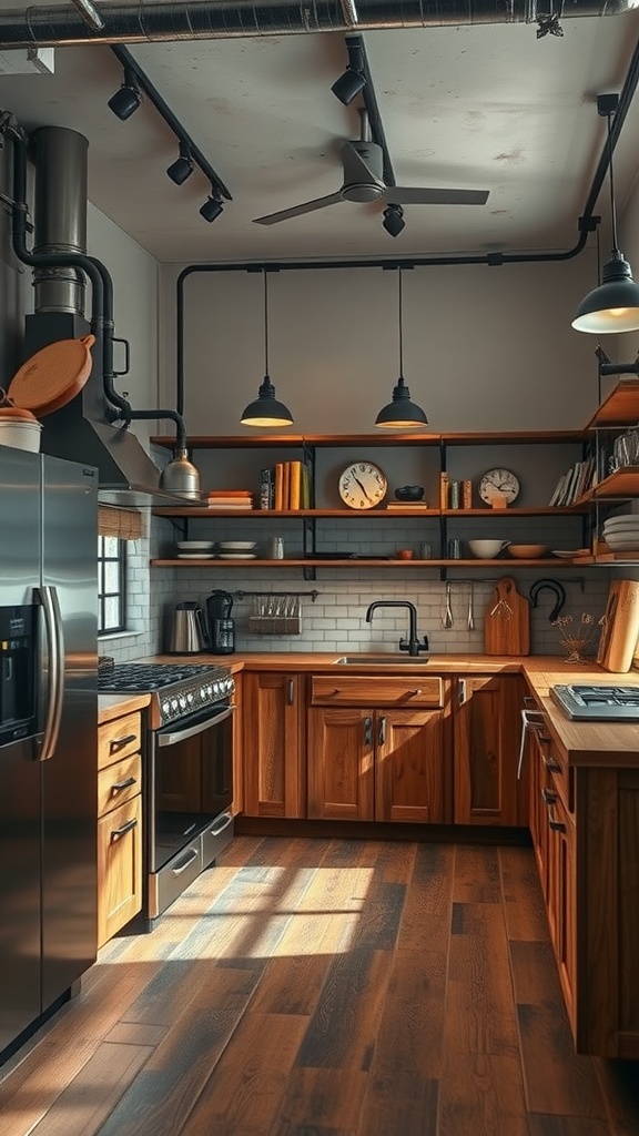A modern kitchen featuring wooden cabinets, sleek appliances, and industrial lighting.