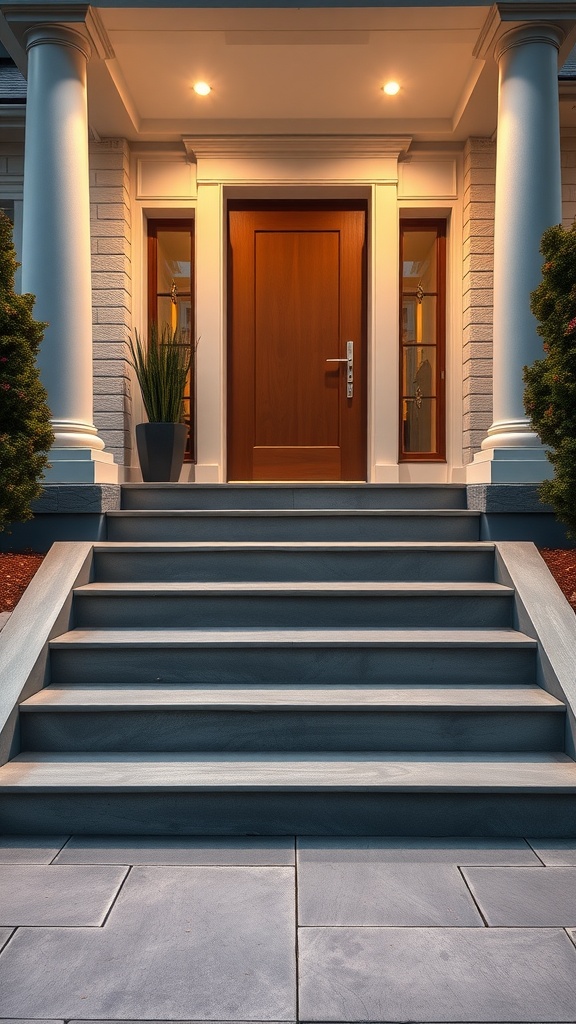 Modern concrete steps leading to a stylish front door